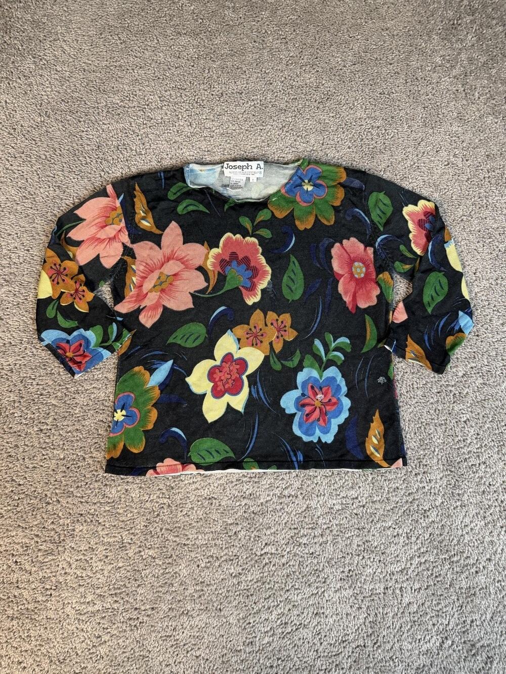 Joseph A. Blouse Womens L Black Floral Casual 3/4 Sleeve Silk Rayon Ladies